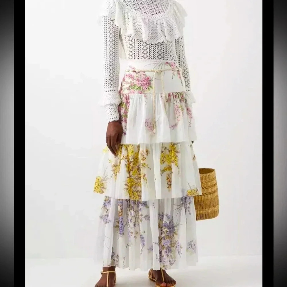 ZIMMERMANN Jude Tiered Floral Midi Skirt Ramie Muslin Long Dress Skirt 0 0P